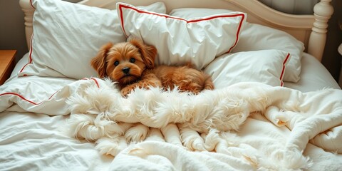 A pet playfully lounging on a bed surrounded by feathers, pillows, and blankets, exuding homely charm and warmth, warmth, cozy