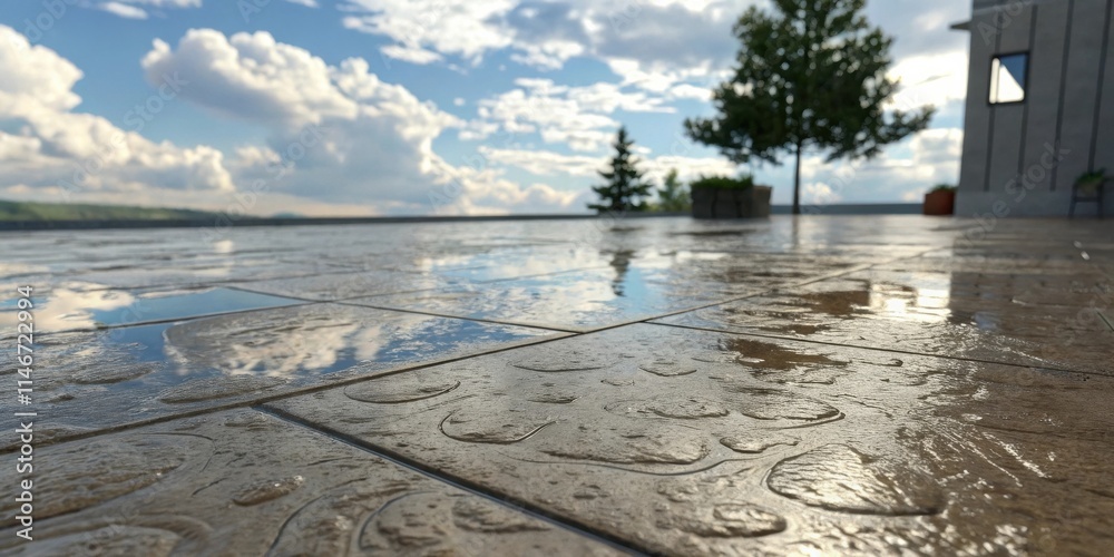Poster Close-up view of wet textured tiles reflecting a cloudy sky and a blurry background of trees and a building
