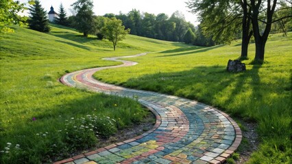Obraz premium A Winding Brick Path Leading Through a Lush Green Meadow, Adorned with a Mosaic of Vibrant Colors