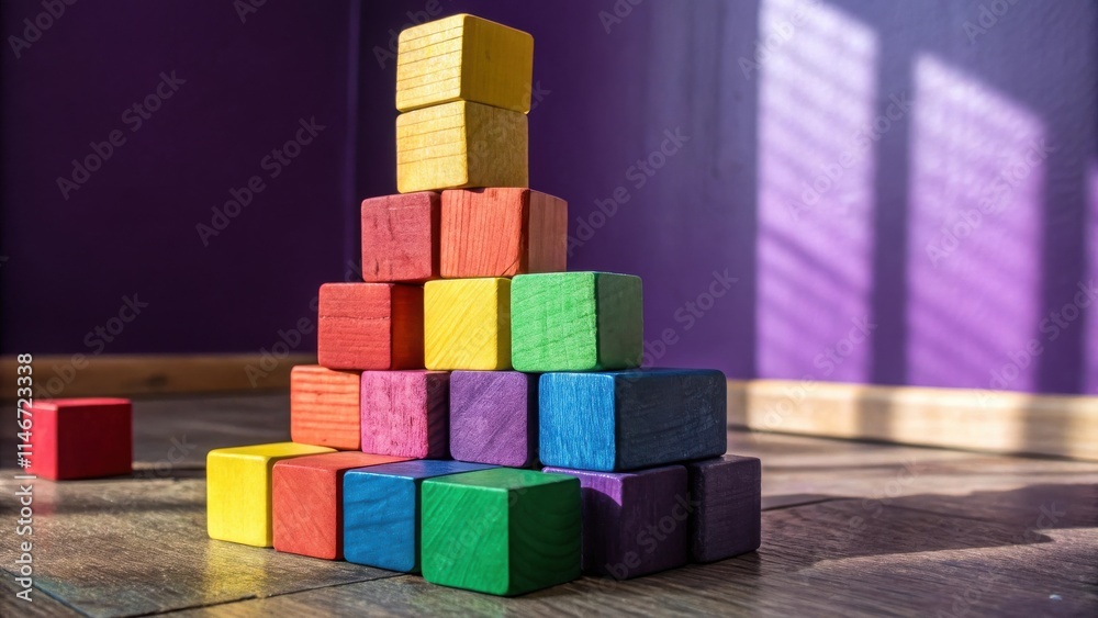 Poster a vibrant stack of colorful wooden blocks arranged in a pyramid shape, casting shadows on a wooden f