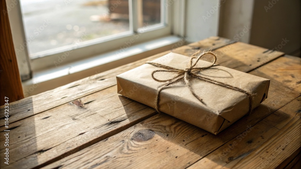 Aufkleber A Simple Gift Wrapped in Brown Paper and Tied with String on a Weathered Wooden Table