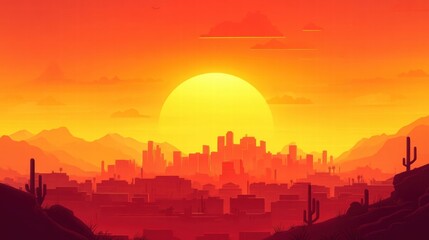 Obraz premium sunset cityscape silhouette desert landscape vibrant orange hues