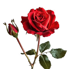 Beautiful Red Rose with Dewdrops and Rosebud Isolated in White Background