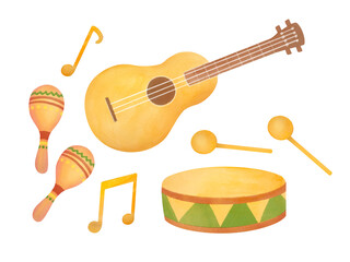 Mexican Musical instrument maracas, guitar, drum. Mexican holiday attribute, maracas festive card, traditional Latin music. clipart watercolor illustration isolated on transparent background