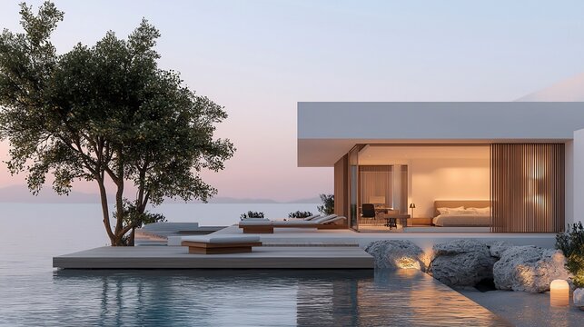 Modern minimalist house with infinity pool overlooking ocean at sunset.