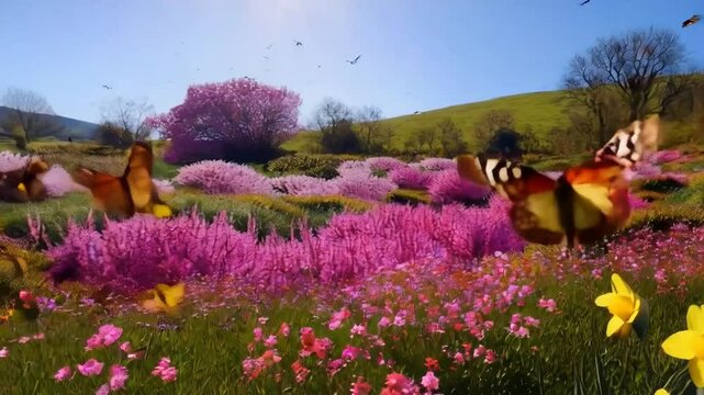 Butterflies fluttering around a colorful flower meadow in a sunny spring setting.