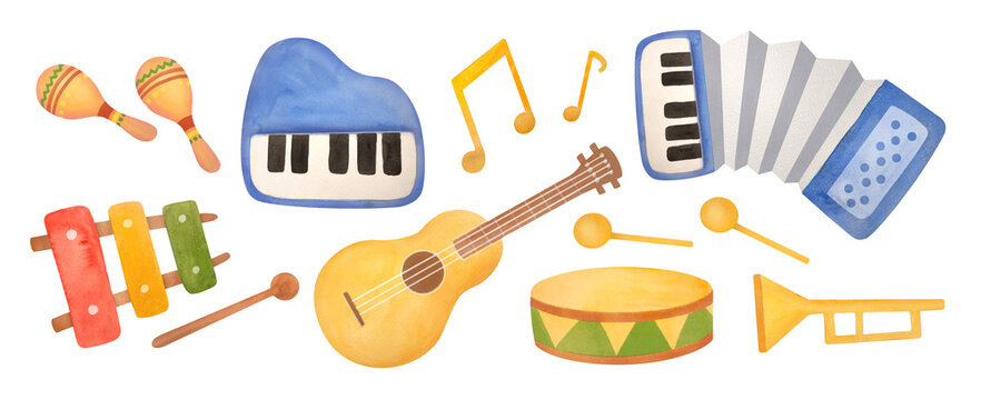 maracas, xylophone, guitar, drum, accordion, piano illustrations. Cute watercolor toy musical instrument set isolated on transparent background. cut out collection for kids. clipart in bright color