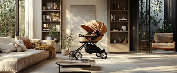A modern living space featuring a stylish baby stroller and cozy decor.