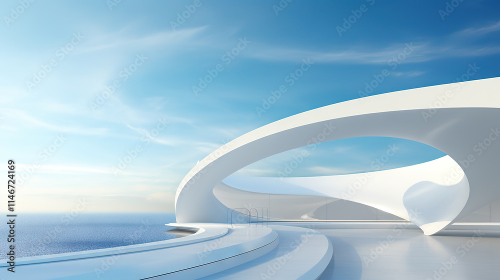 Poster Abstract architecture scene with smooth curves. Abstract background with futuristic building in white and blue colors.