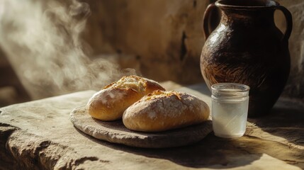 Warm bread and cool water symbolize divine care in a serene setting