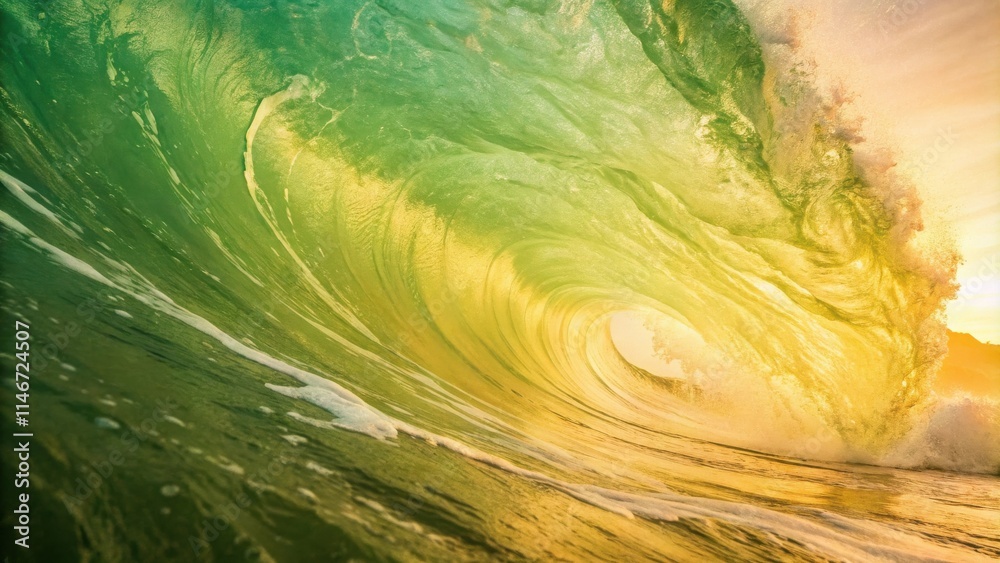 Poster a vibrant green wave curls and crashes, illuminated by the warm glow of the setting sun, creating a 