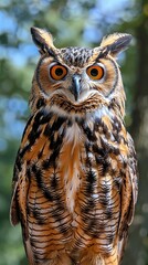 Obraz premium Great horned owl standing tall in sunlit forest
