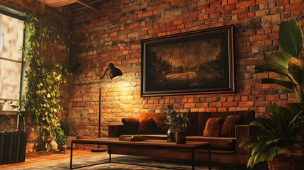 Cozy industrial living room with brick wall, sofa, plants, and artwork.
