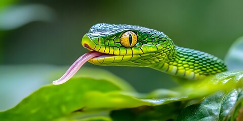 Fototapeta premium A vibrant green snake with striking yellow eyes and a flicking tongue among lush leaves.