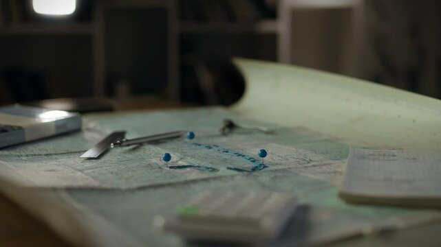 Various tools and maps are spread across a wooden table in a warm setting. Pins mark locations while notebooks and a ruler hint at preparation for an upcoming exploration