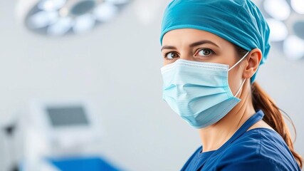 A senior female surgeon in an operating room, wearing a mask, waist-up portrait, looking at the camera, copy space available, operating room, healthcare