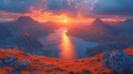 Fototapeta premium A breathtaking sunset over a serene lake surrounded by mountains, showcasing vibrant colors and natural beauty.