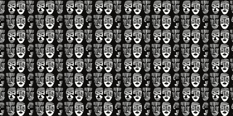 Abstract African art shapes seamless backgrounds, tribal geometric decoration patterns. Colored flat boho symbols illustrations	