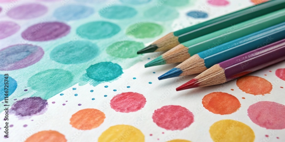 Poster A vibrant assortment of colored pencils rests on a page adorned with a colorful array of hand-painted dots, ready to bring artistic visions to life.