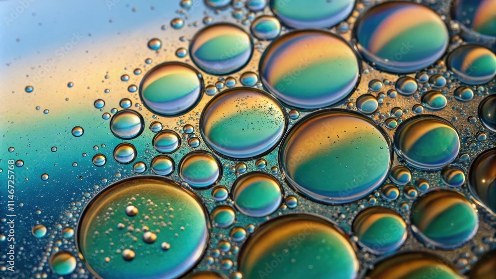 Poster A close-up photograph of colorful liquid drops suspended in a translucent medium, creating a mesmerizing pattern of iridescent circles and tiny specks against a background of muted blues and yellows.