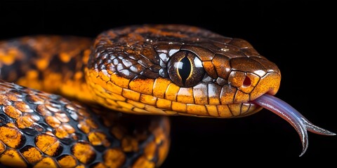 Obraz premium A close-up of a vibrant snake with an orange and black pattern, showcasing its tongue.