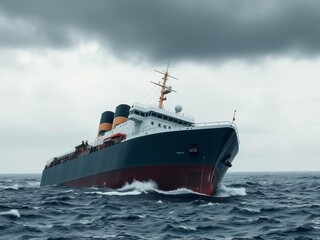 Naklejka premium A sinking ship representing the economic crisis, surrounded by stormy clouds and turbulent waters, sinking, financial