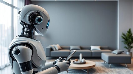 A sleek AI robot with a tablet controlling integrated smart home systems in a stylish modern living room, modern, artificial intelligence