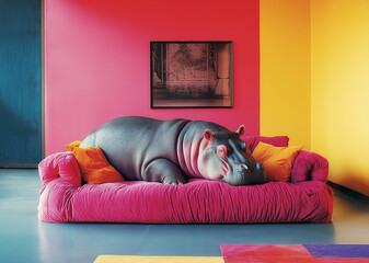 Hippo relaxing on a vibrant couch in a colorful modern living room during the day