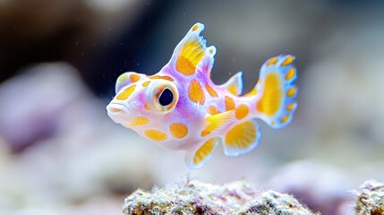 Vibrant small reef fish with pink, yellow, and white spots, swimming near coral.