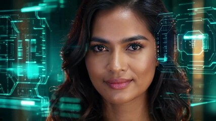 A woman with a green background and a blue eye. The woman is smiling and looking at the camera - Powered by Adobe