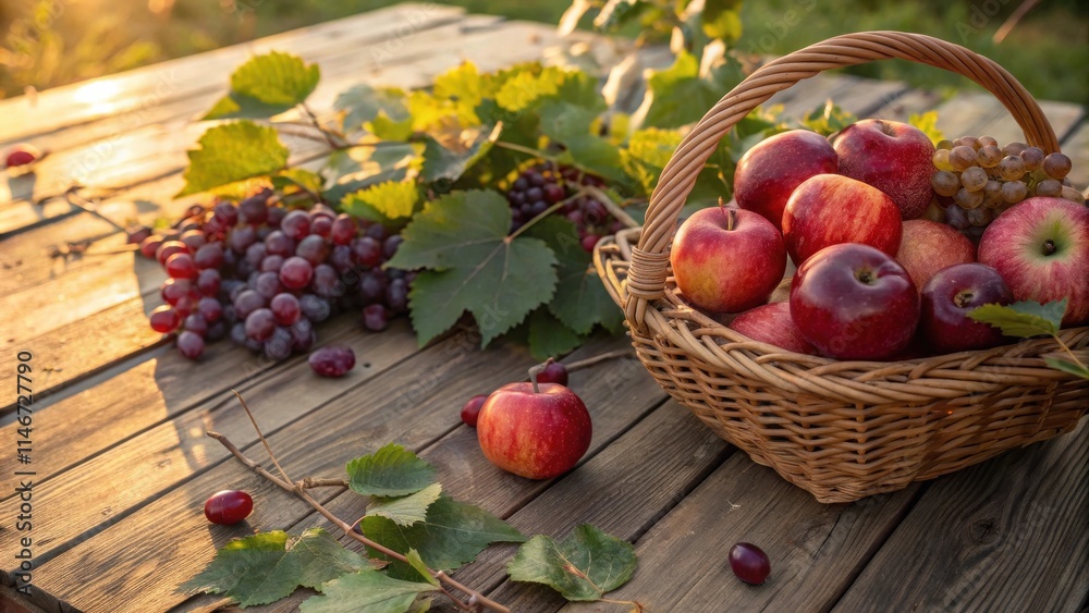 Poster A basket overflowing with red apples and grapes rests on a rustic wooden table, bathed in the warm glow of the setting sun.