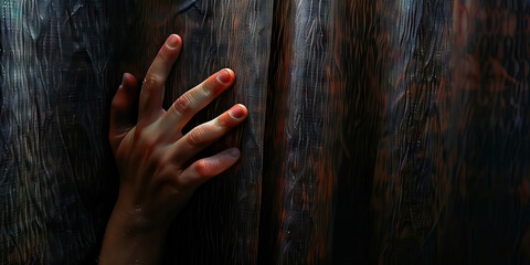 Human Hand Grasping Dark Wood-Grain Fabric