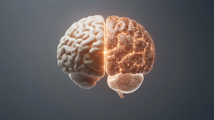 futuristic design of AI brain showcasing blend of organic and digital elements, symbolizing advanced technology and intelligence