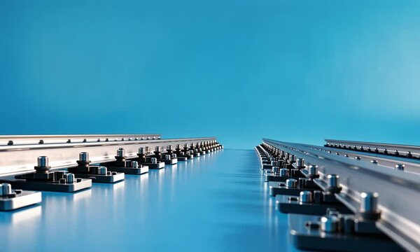 Two parallel metal tracks with bolts on a blue background, suggesting precision engineering.