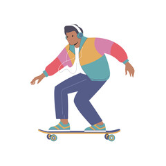 Fototapeta premium Stylish Young Man Skateboarding with Headphones Listening to Music Vector Illustration