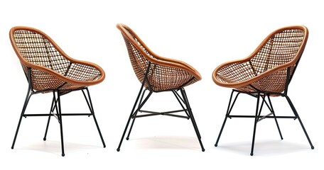 Three stylish chairs with a woven design, ideal for modern interiors and relaxation. isolated on white background
