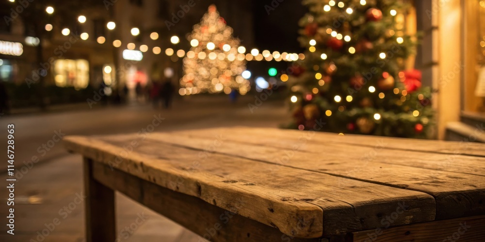 Poster a weathered wooden table stands in the foreground, with a festive backdrop of twinkling lights and b