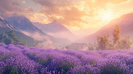 Obraz premium serene lavender field at sunrise in the mountains