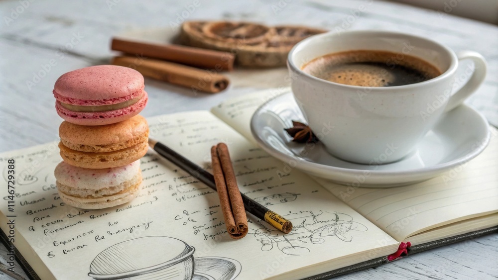 Aufkleber A stack of colorful macarons on a notebook with a cup of coffee and cinnamon sticks beside it.