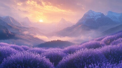 serene lavender field at sunrise in the mountains