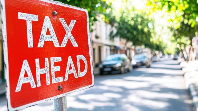 A red road sign reading "tax ahead" placed on a quiet street, symbolizing upcoming financial responsibilities and the inevitability of taxation in everyday life.