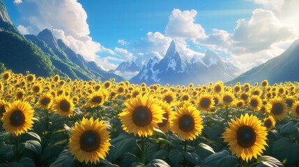 Obraz premium sunflowers field in mountain valley