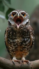 Obraz premium Screeching Owl with Wide Open Beak on Branch