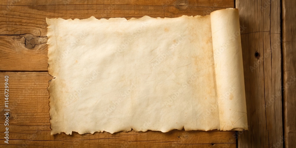Poster a vintage parchment scroll unfurling on a rustic wooden surface, revealing a blank canvas for storyt