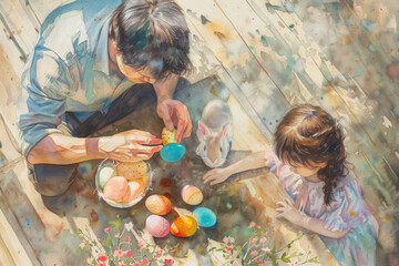 Obraz premium Hands of a parent and child decorating Easter eggs with vibrant colors and artistic brushstrokes, symbolizing creativity and connection
