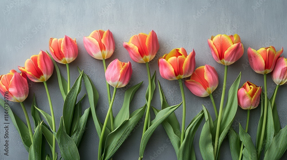 Poster bright tulips arranged in a geometric pattern against a soft gray background, close-up shot, minimal