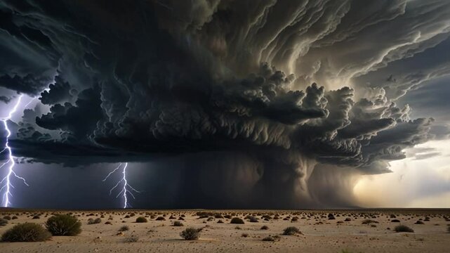 Thunderstorm over a dark landscape with dramatic clouds and intense lightning strikes, symbolizing the power and unpredictability of nature�s fury.