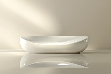 glossy white podium with rounded edges placed on smooth reflective floor