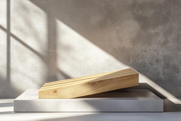 geometric wooden podium with clean angles displayed on smooth gray surface