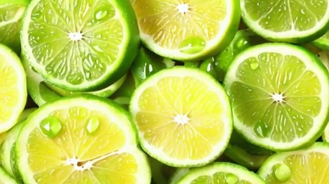 Lime slices in a hexagonal pattern with dew drops in a vibrant green-yellow palette